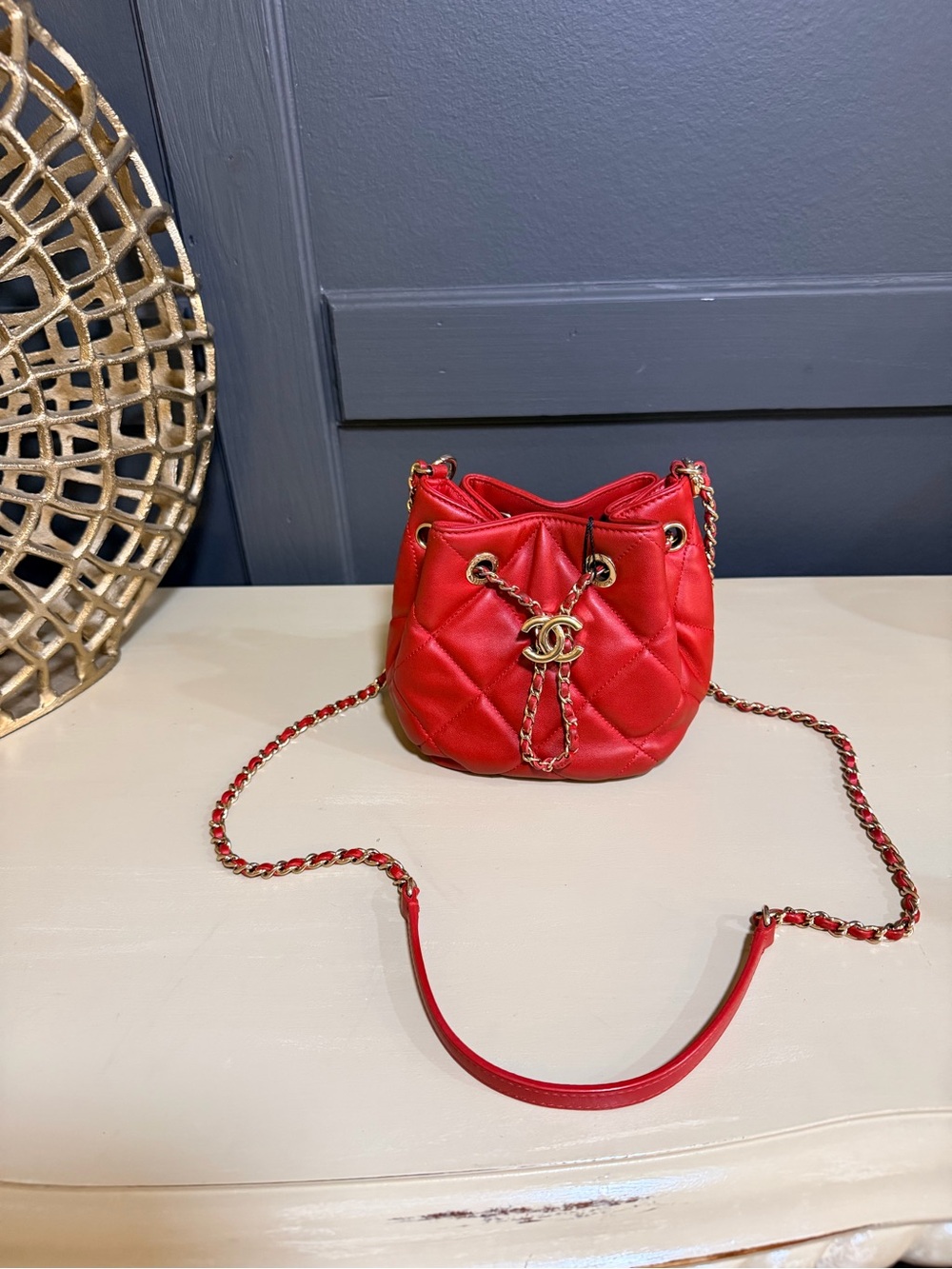 CHANEL CC Chain Drawstring Mini Bucket Bag w/Authetication Red Quilted Lambskin